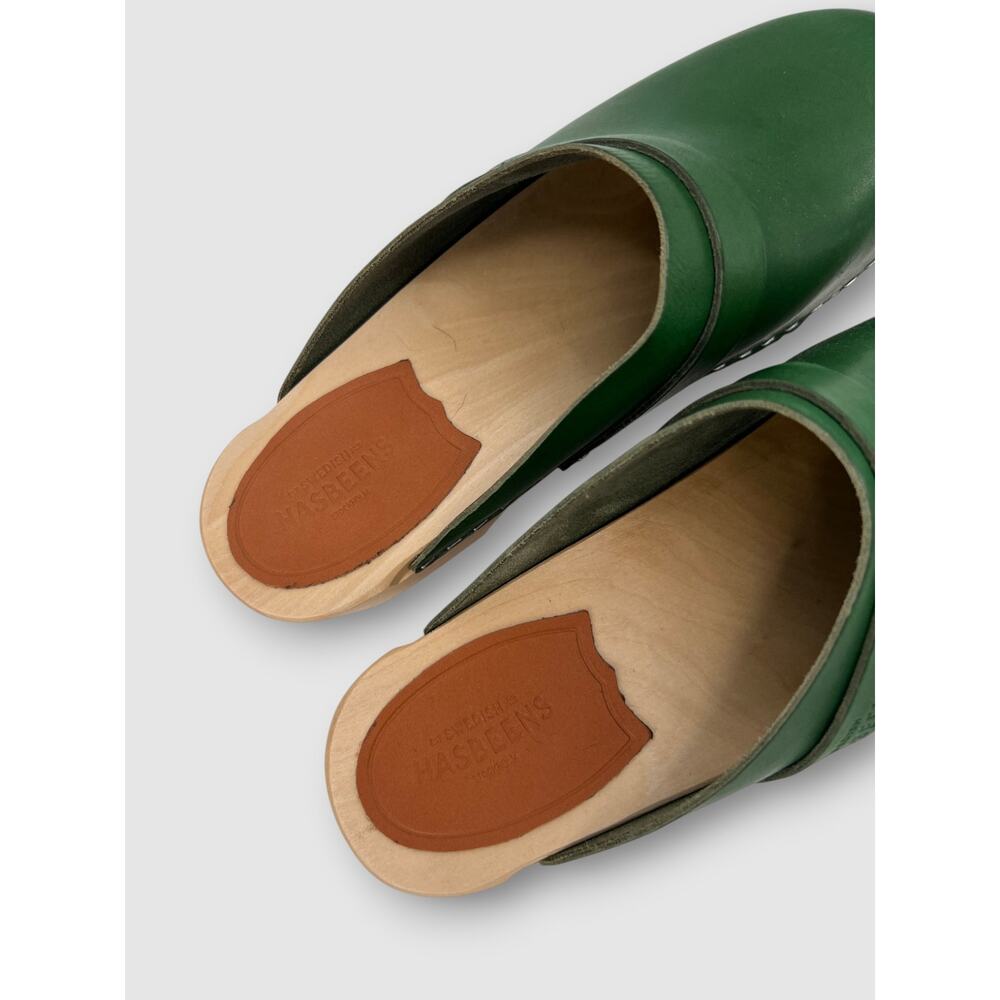 Swedish Hasbeens Green Leather Clogs Wood Platform Mule Clogs Size 38 - Picture 5 of 9